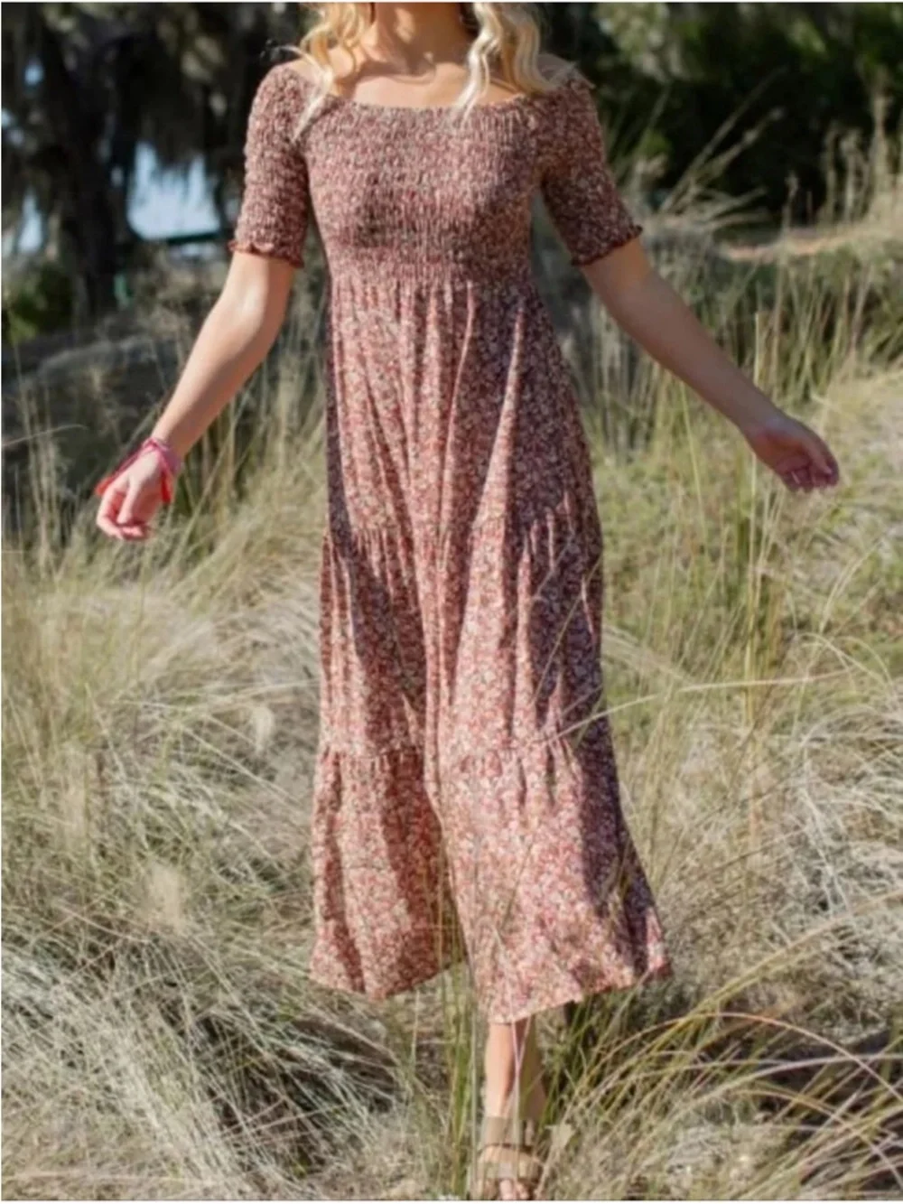 Natural Life Brown Floral Maxi Dress - Women's Boho Short Sleeve - Picture 2 of 9